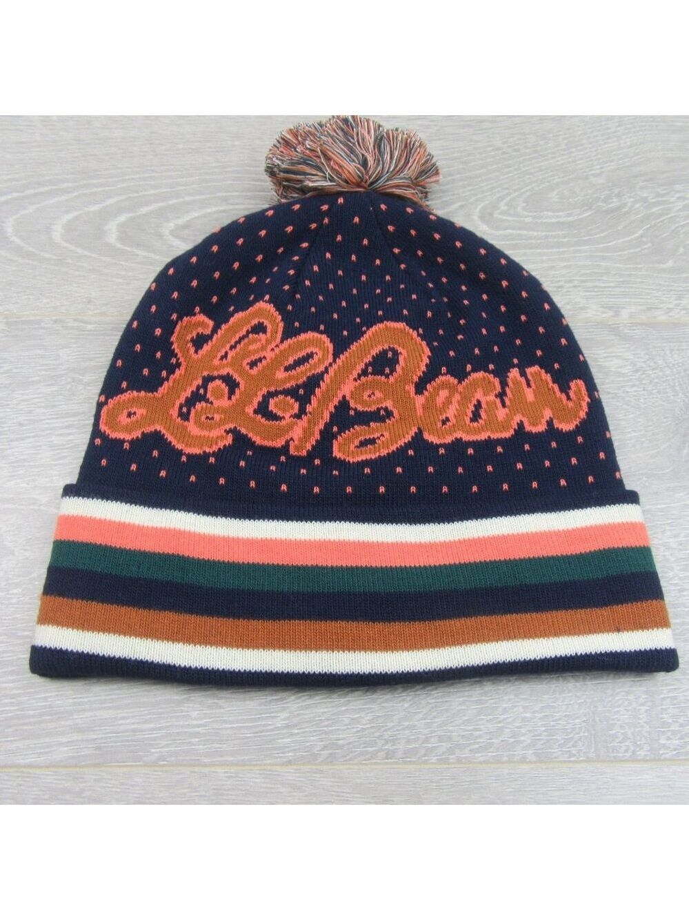 L.L. Bean Pom Beanie Cap Unisex One Size Fit Navy Multi NEW - Picture 3 of 9